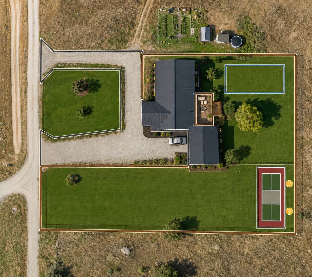 Aerial property plan with straight estimator outlines for fencing, paving, a pool, a deck, a pickleball court, and lighting