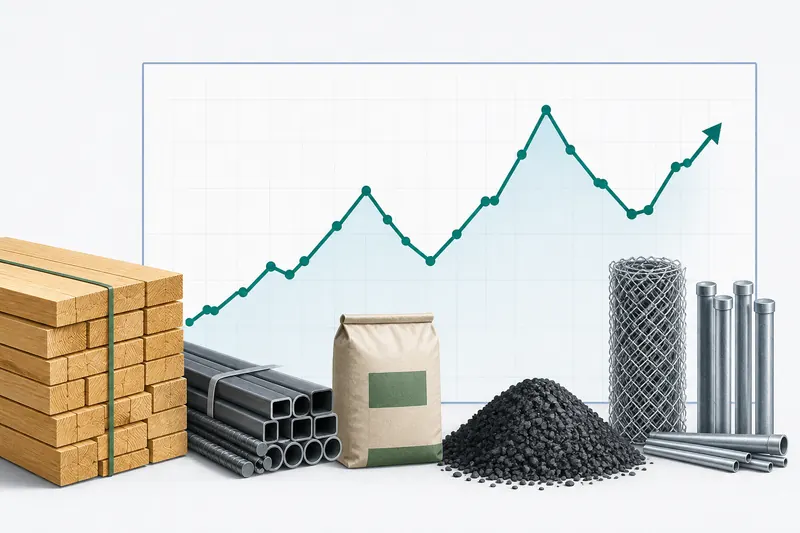 Construction materials beside a chart illustrating changes in material prices over time