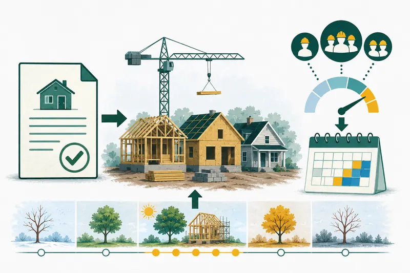 Building permit, active construction sites, and a calendar illustrating construction demand