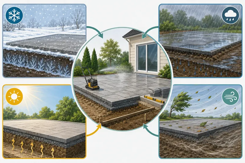 Outdoor project shown in freezing, rainy, hot, and windy climate conditions