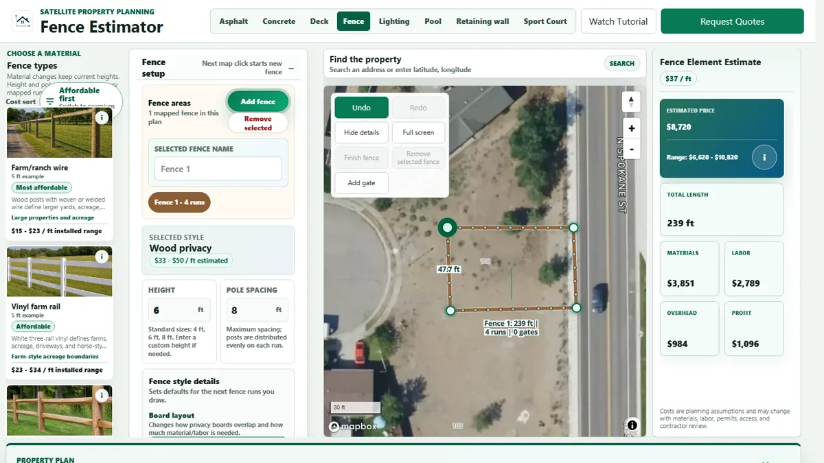 Current estimator workspace showing a fence drawn on a property map with live pricing and project plan details