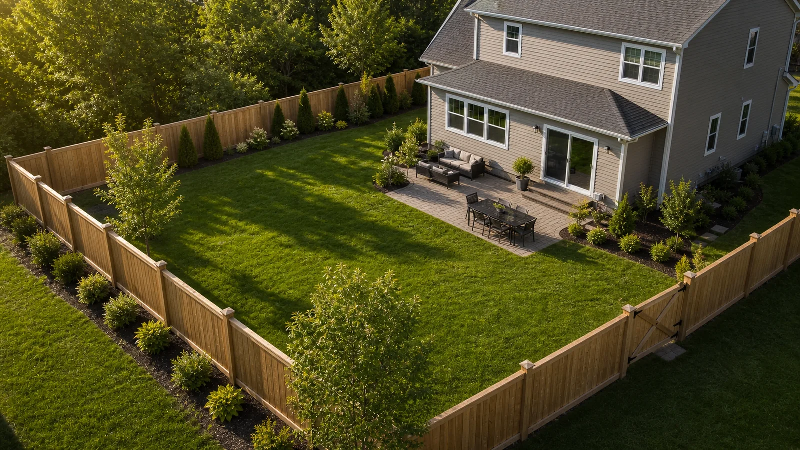 Backyard satellite planning scene with fence route, gates, and property boundary context