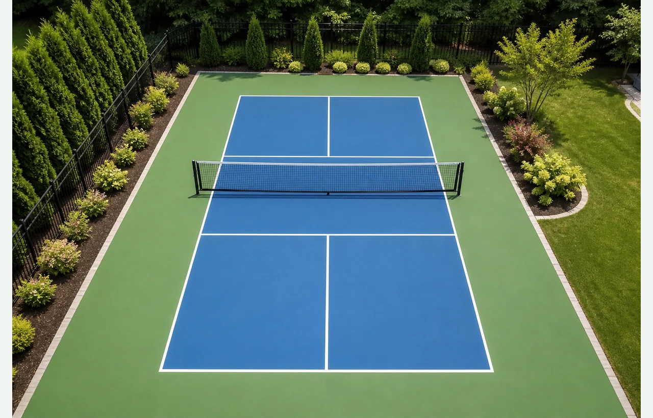 Residential pickleball court with blue and green acrylic surface