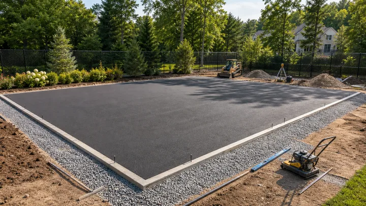 Sport court base, surface, line, equipment, fence, and lighting material planning